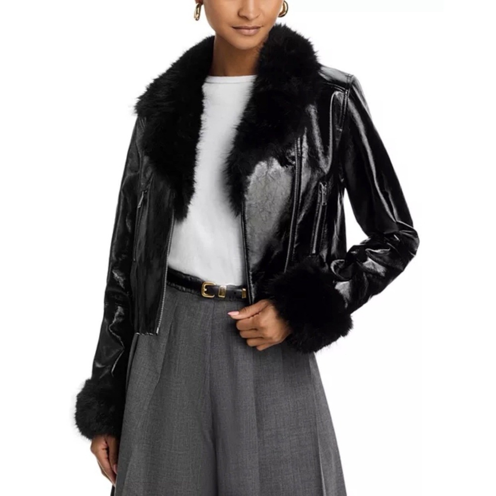 French Connection Camryn Crinkled Faux Leather Moto Jacket Black Size US 2/ UK 6